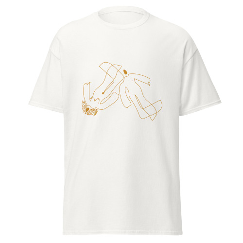 unisex-classic-tee-white-front-69f93f82c81e5.jpg Abstract Human Line Art T-Shirt – Minimalist Gold Figure Graphic Tee | Modern Streetwear Unisex Shirt