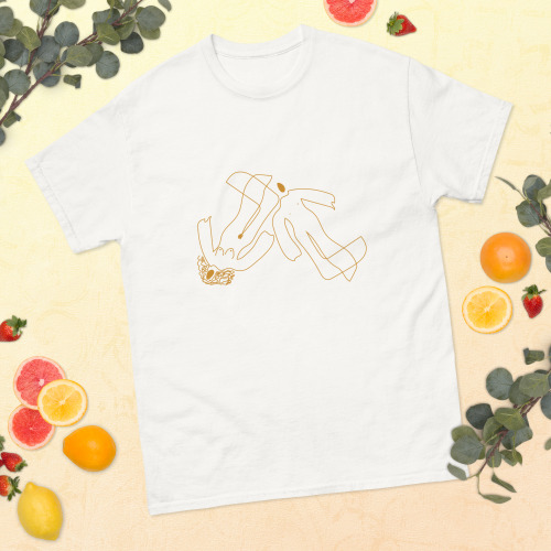 unisex-classic-tee-white-front-69f93f82ca5f8.jpg Abstract Human Line Art T-Shirt – Minimalist Gold Figure Graphic Tee | Modern Streetwear Unisex Shirt