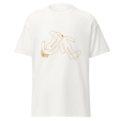 unisex-classic-tee-white-front-69f9404a25551 Abstract Human Line Art T-Shirt – Minimalist Gold Figure Graphic Tee | Modern Streetwear Unisex Shirt
