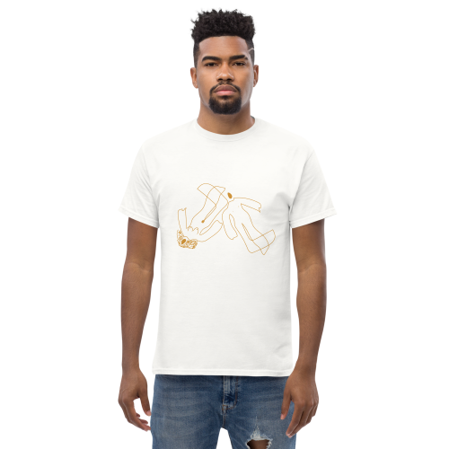 unisex-classic-tee-white-front-69f9404a273ef Abstract Human Line Art T-Shirt – Minimalist Gold Figure Graphic Tee | Modern Streetwear Unisex Shirt