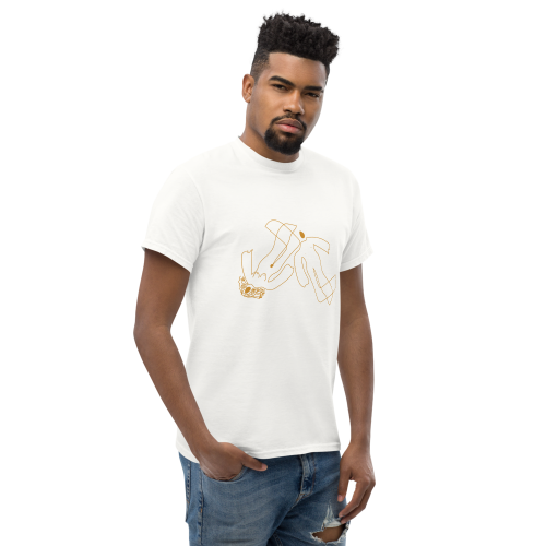 unisex-classic-tee-white-right-front-69f9404a2fe2d Abstract Human Line Art T-Shirt – Minimalist Gold Figure Graphic Tee | Modern Streetwear Unisex Shirt